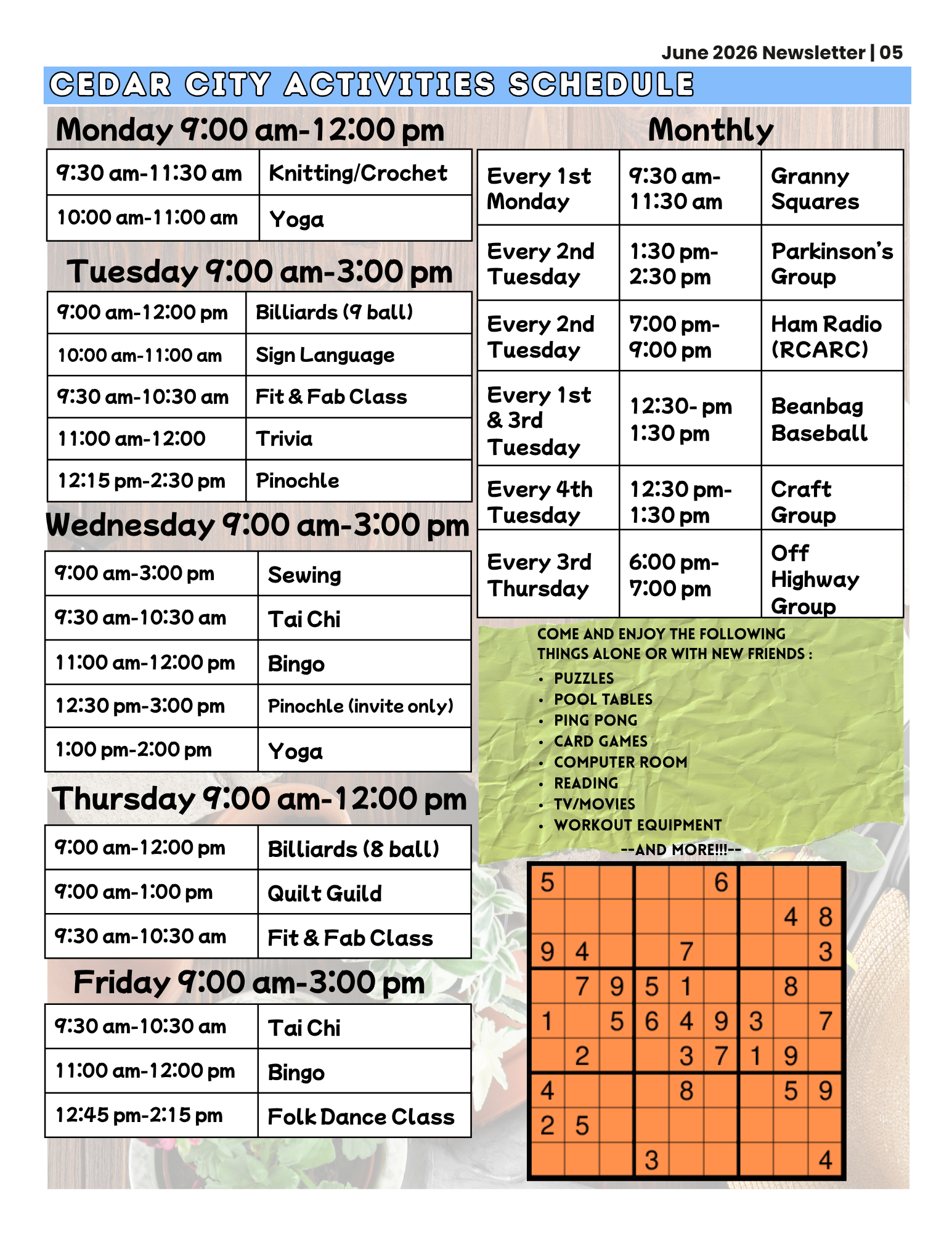Cedar Senior Center activity schedule