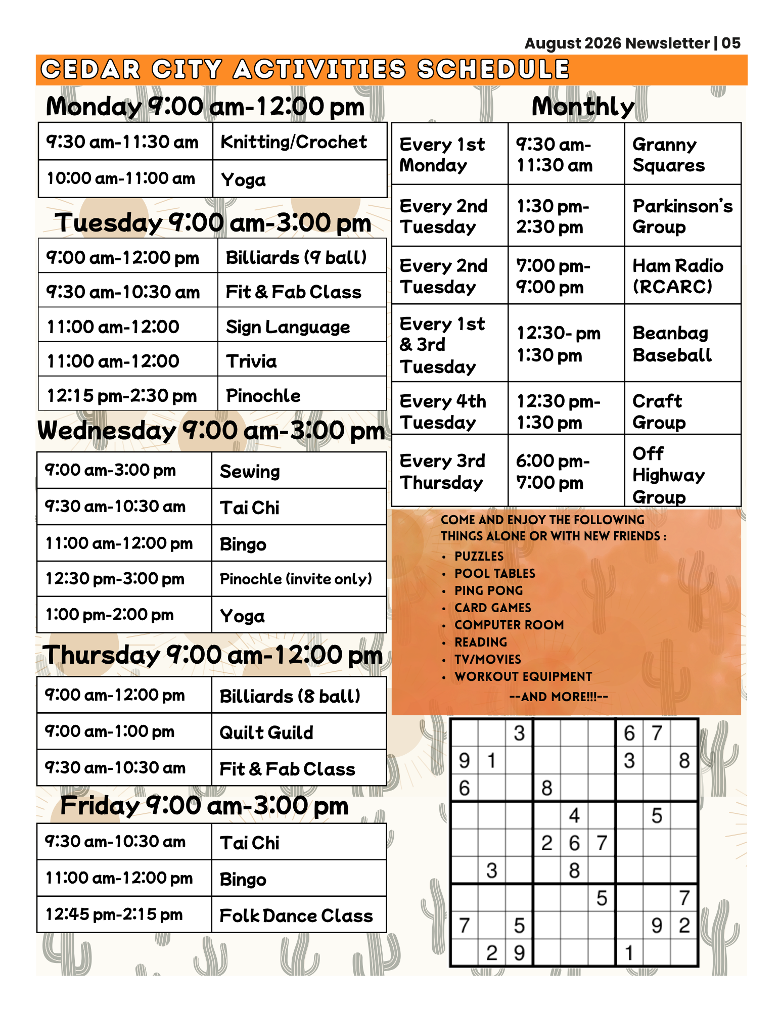 Cedar Senior Center activity schedule
