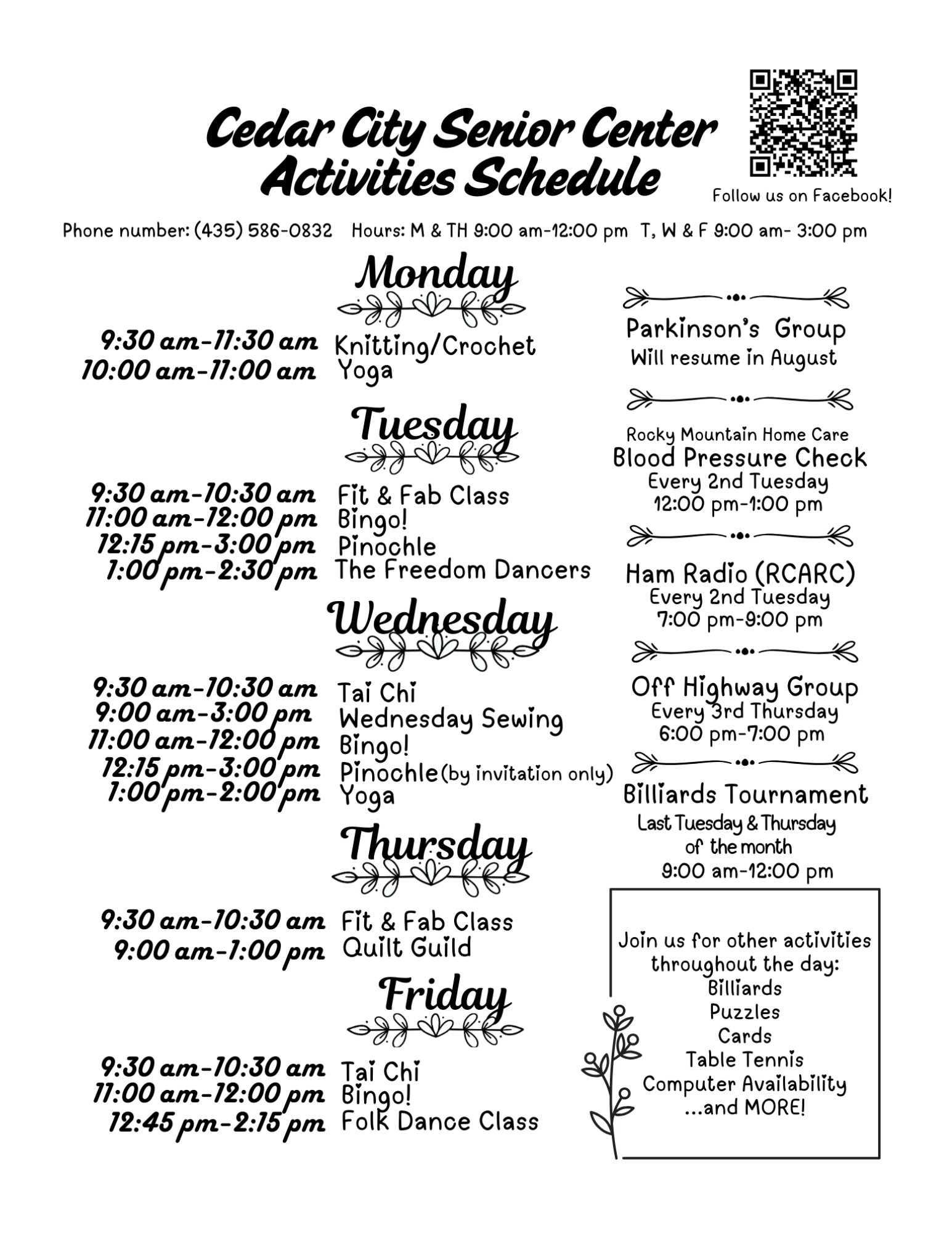 Cedar Senior Center activity schedule