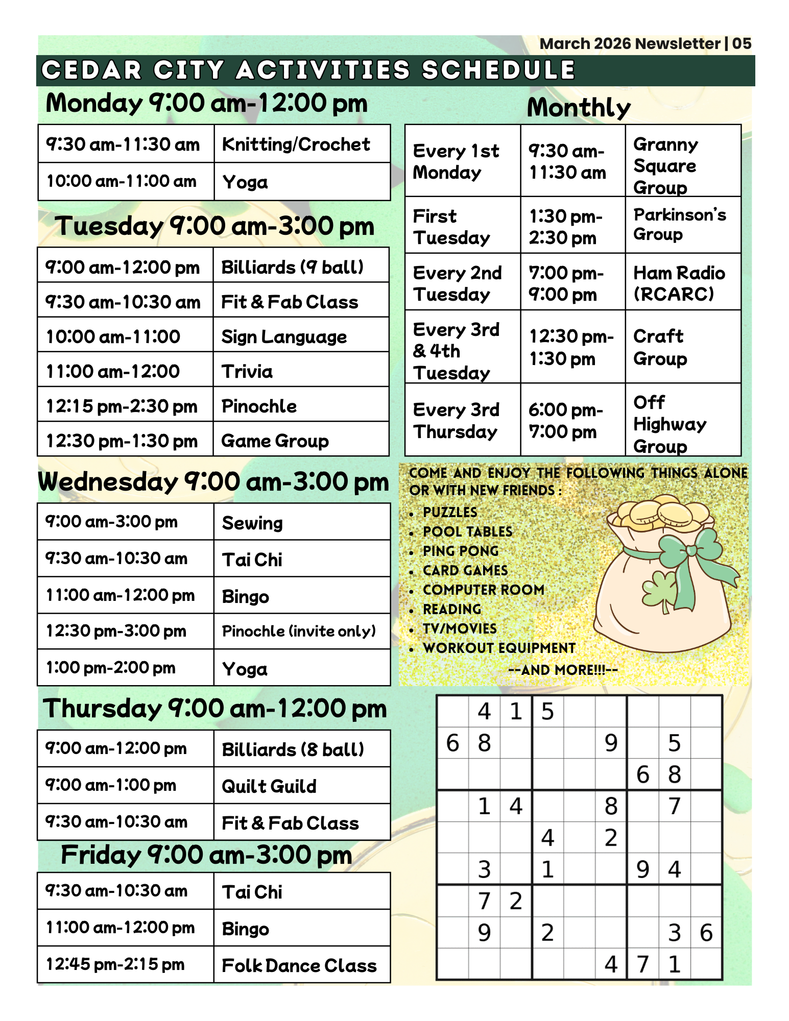 Cedar Senior Center activity schedule