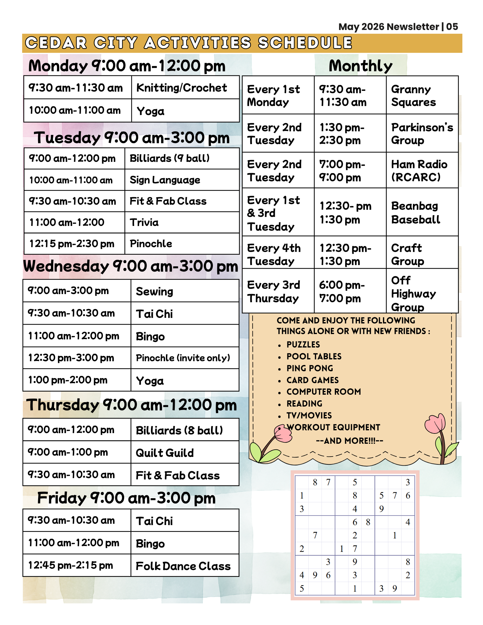 Cedar Senior Center activity schedule