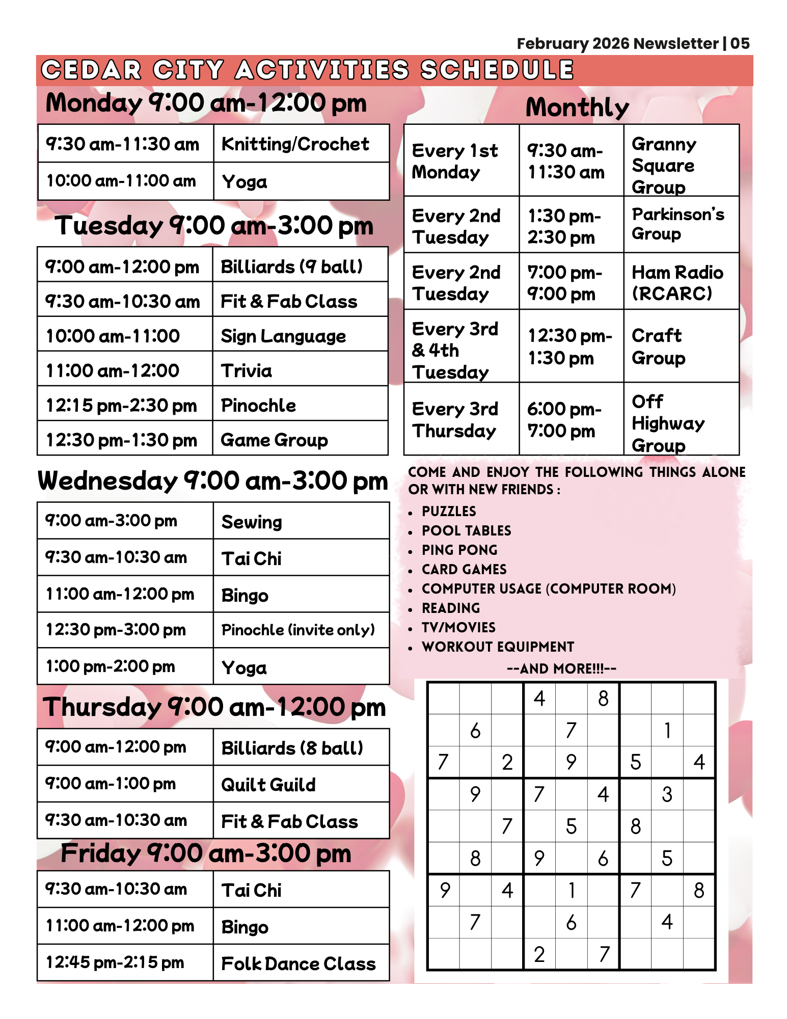 Cedar Senior Center activity schedule