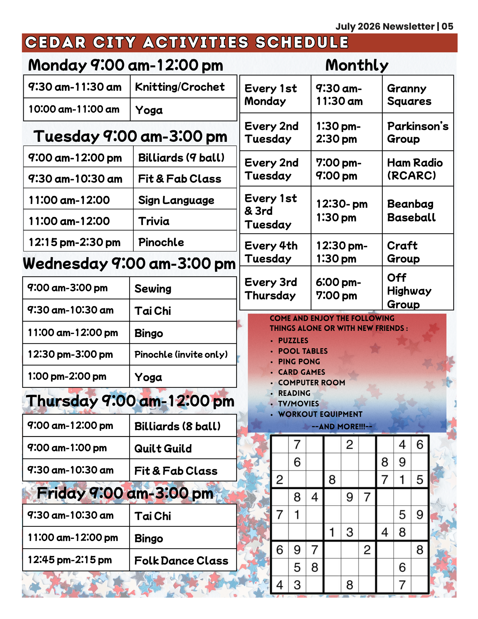 Cedar Senior Center activity schedule