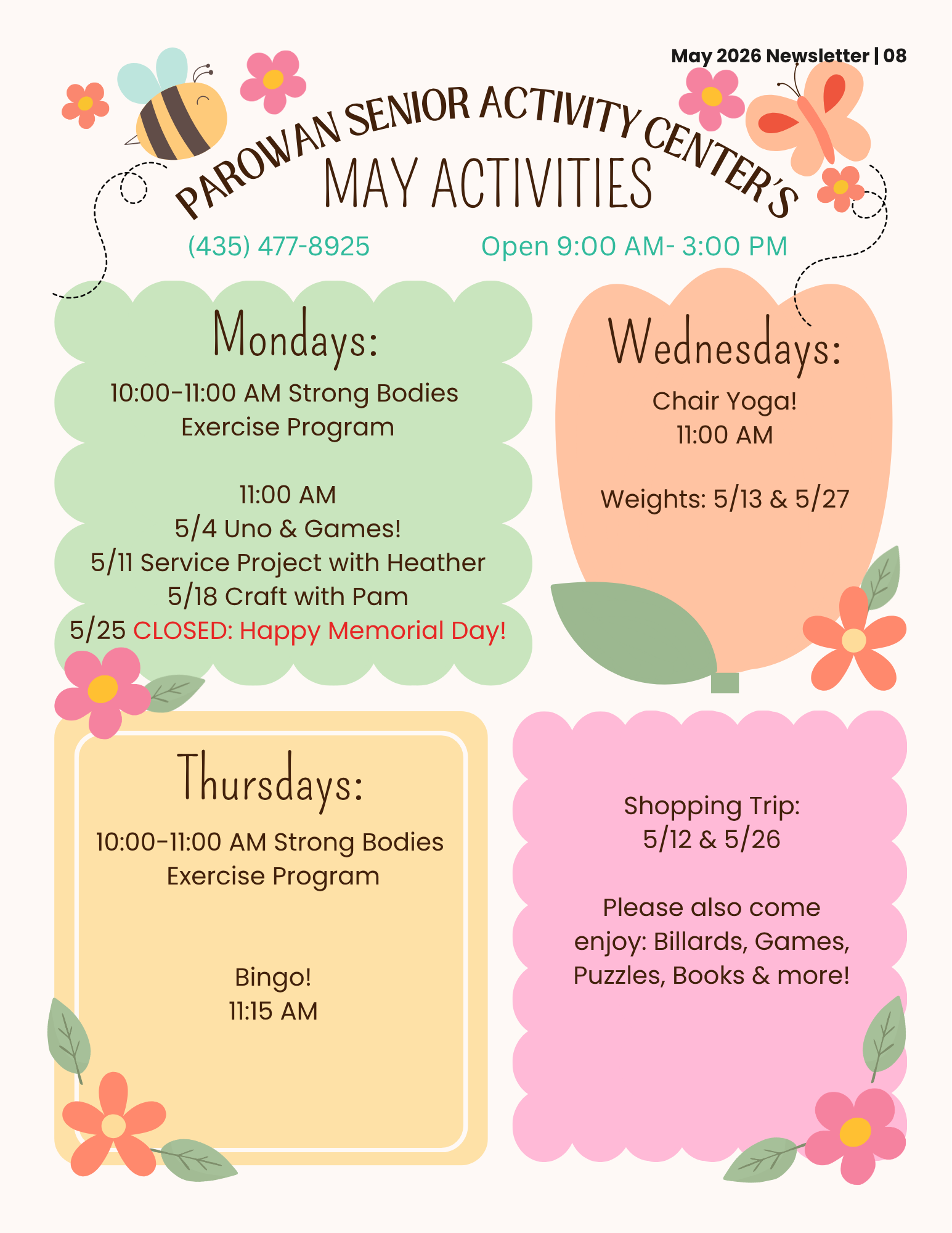 Parowan Senior Center activity schedule