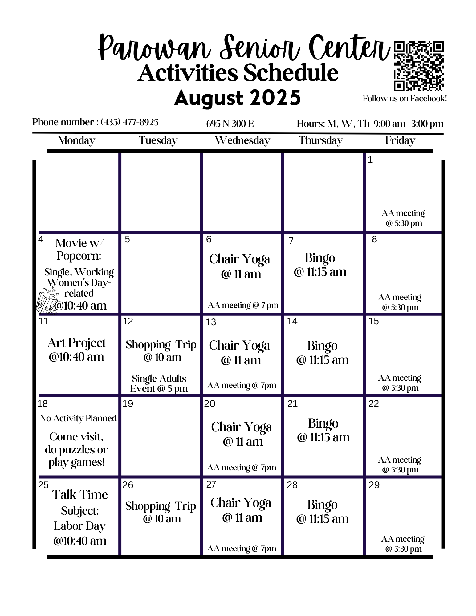 Parowan Senior Center activity schedule