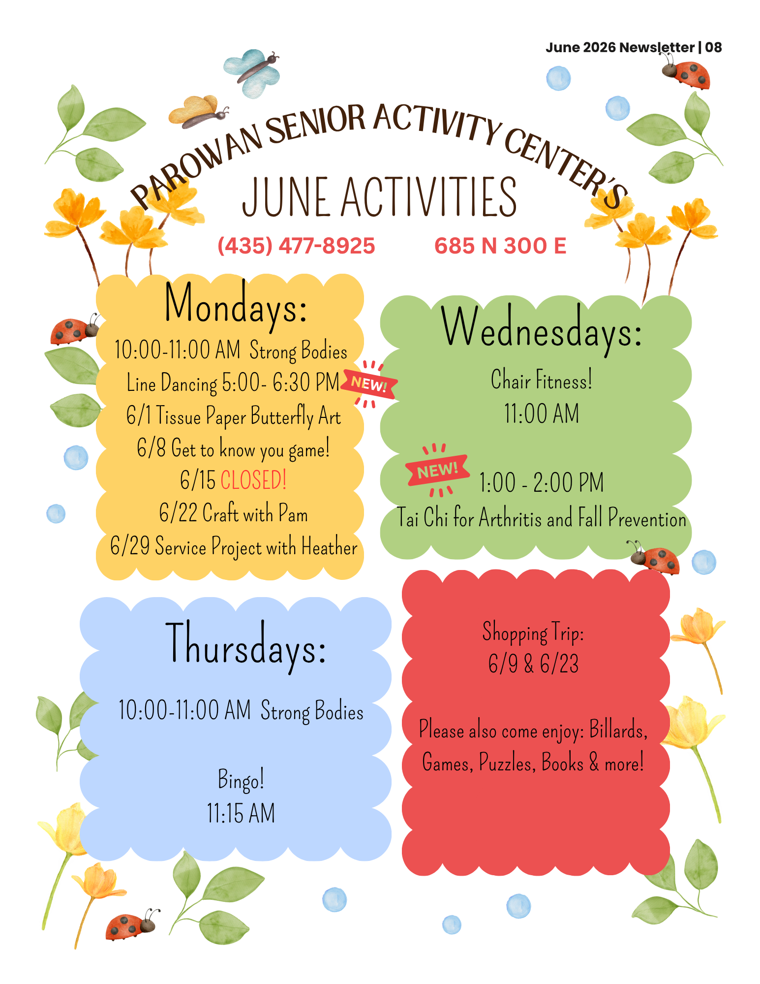 Parowan Senior Center activity schedule