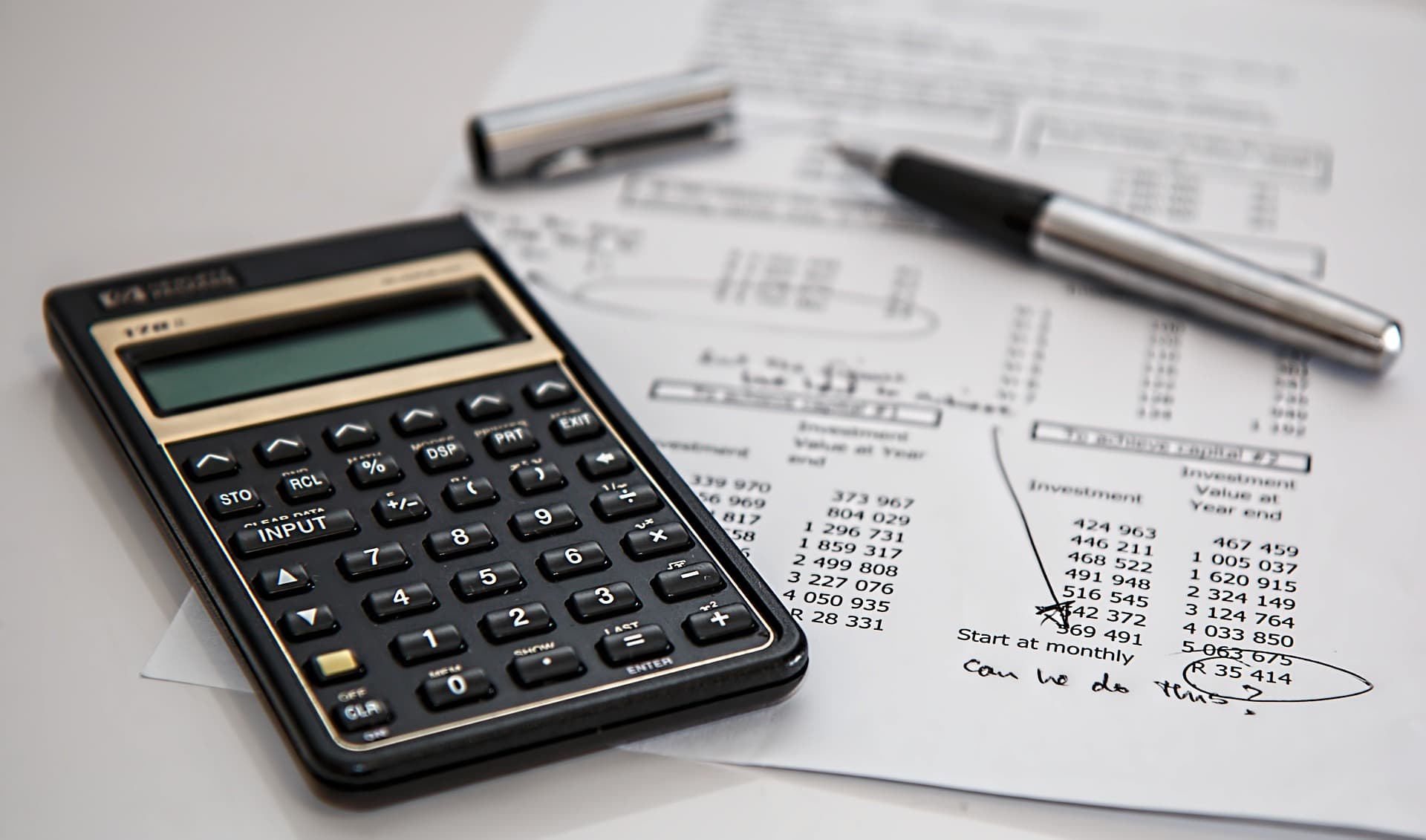 Calculator with financial statement behind it