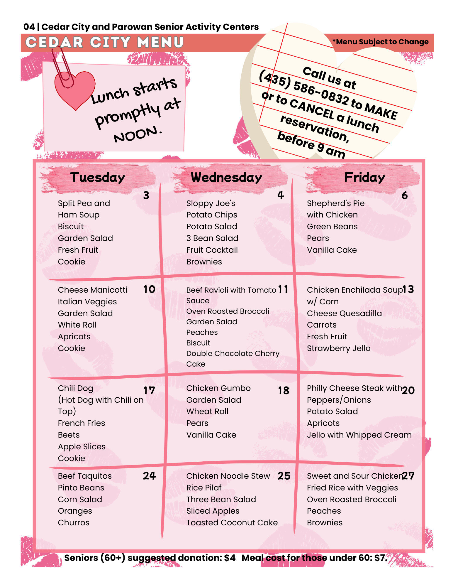 Cedar Senior Center weekly menu