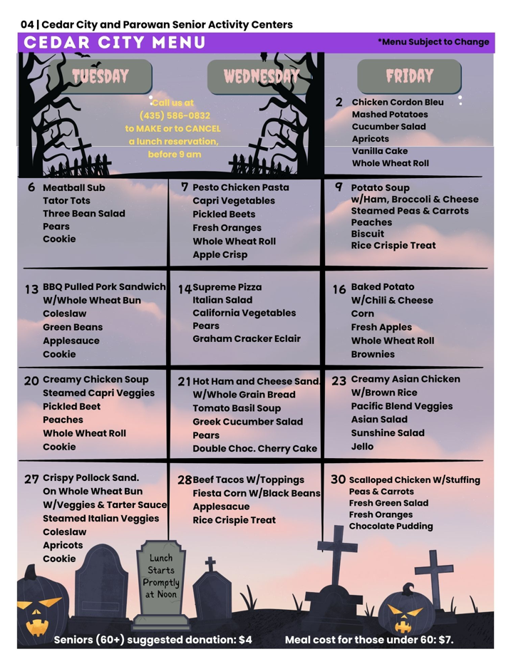Cedar Senior Center weekly menu