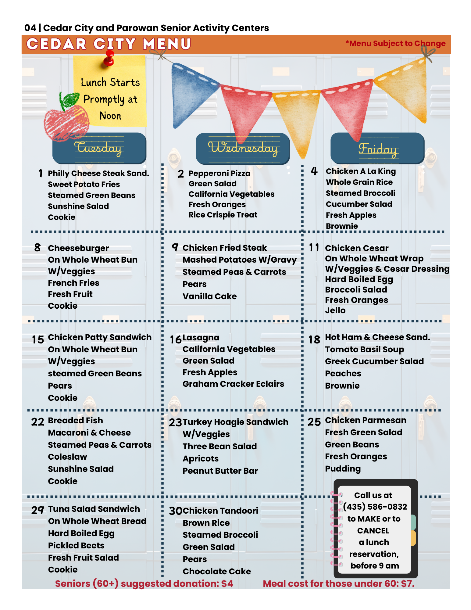 Cedar Senior Center weekly menu