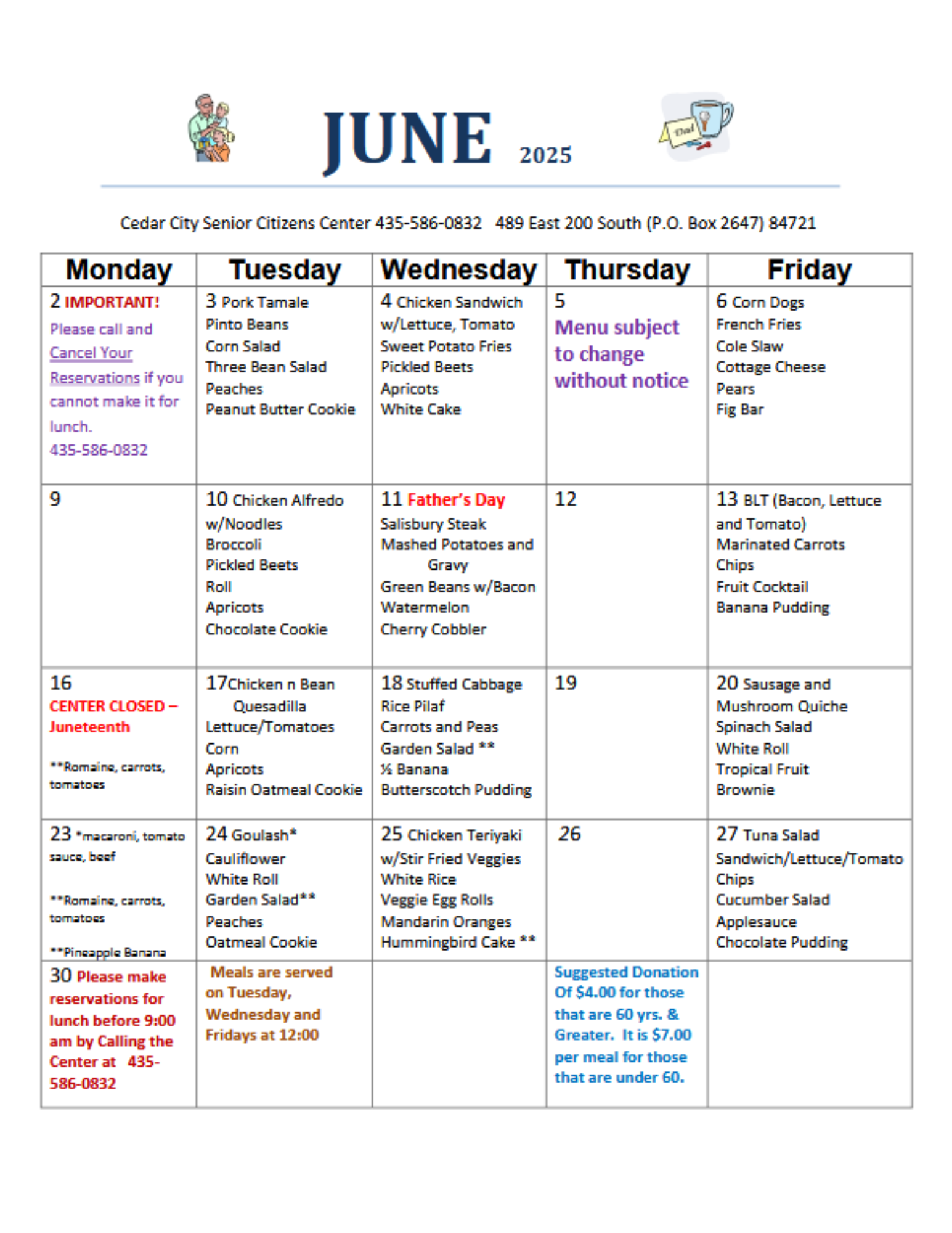 Cedar Senior Center weekly menu