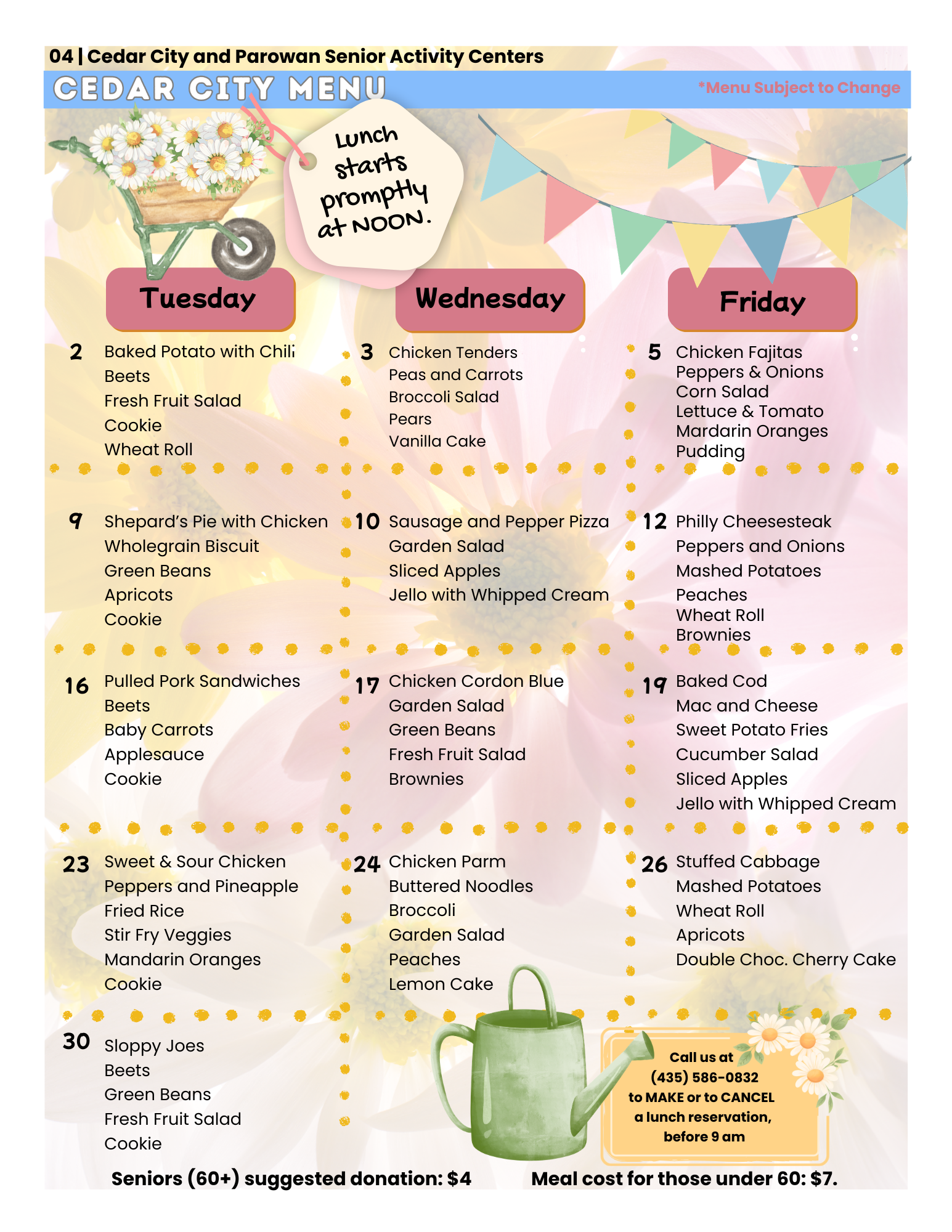Cedar Senior Center weekly menu