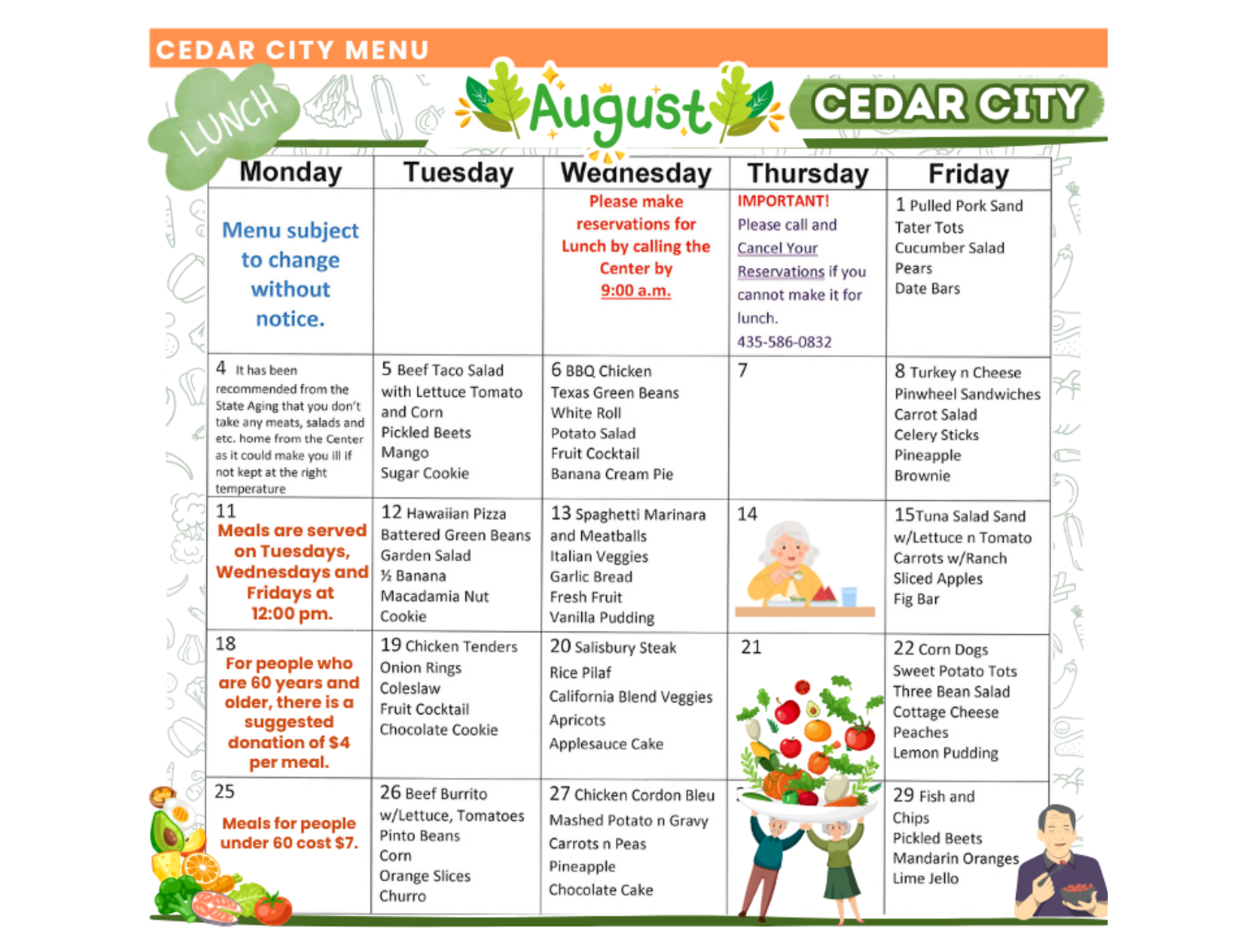 Cedar Senior Center weekly menu