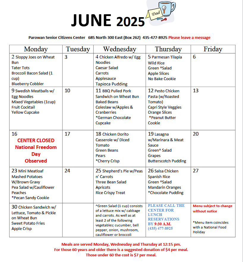 Parowan Senior Center menu