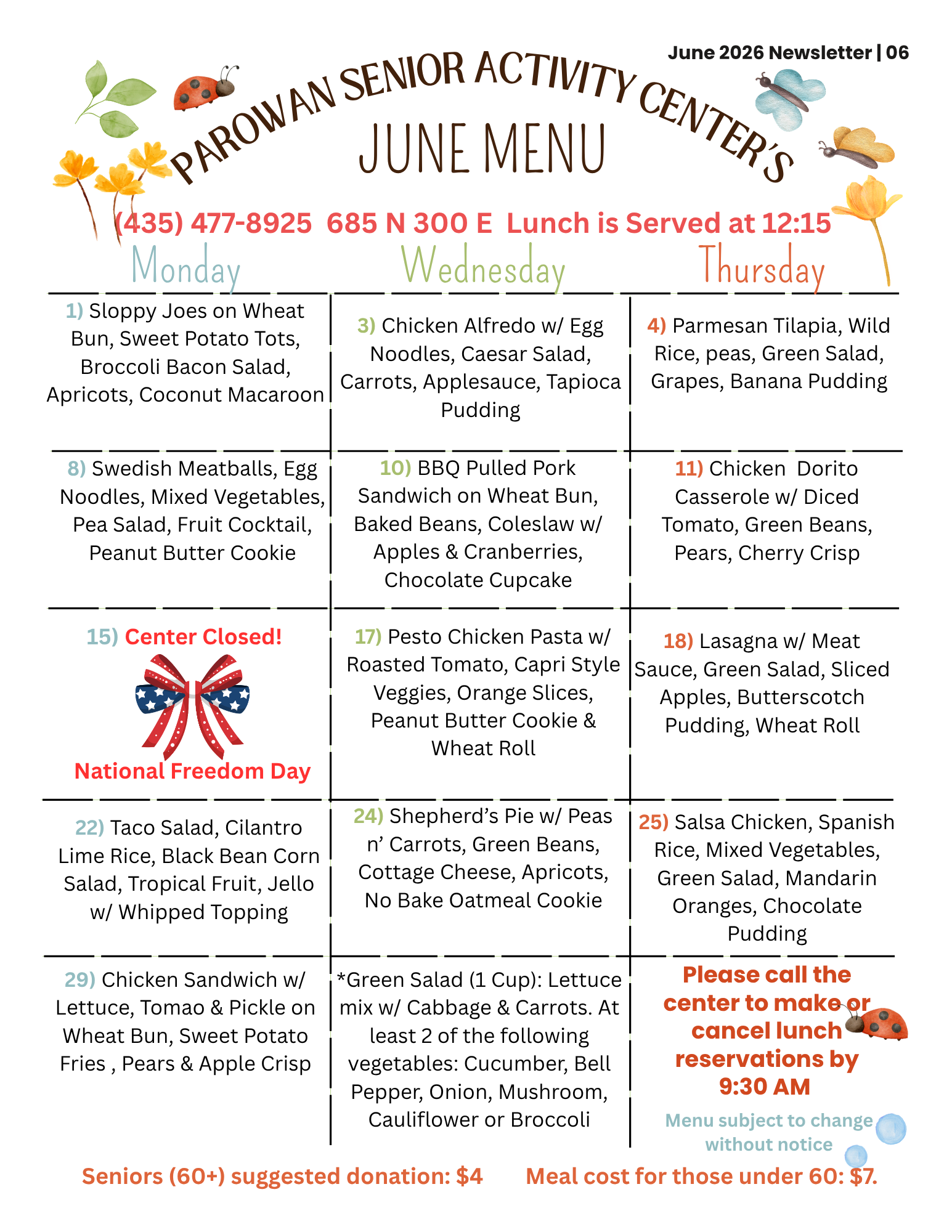 Parowan Senior Center menu