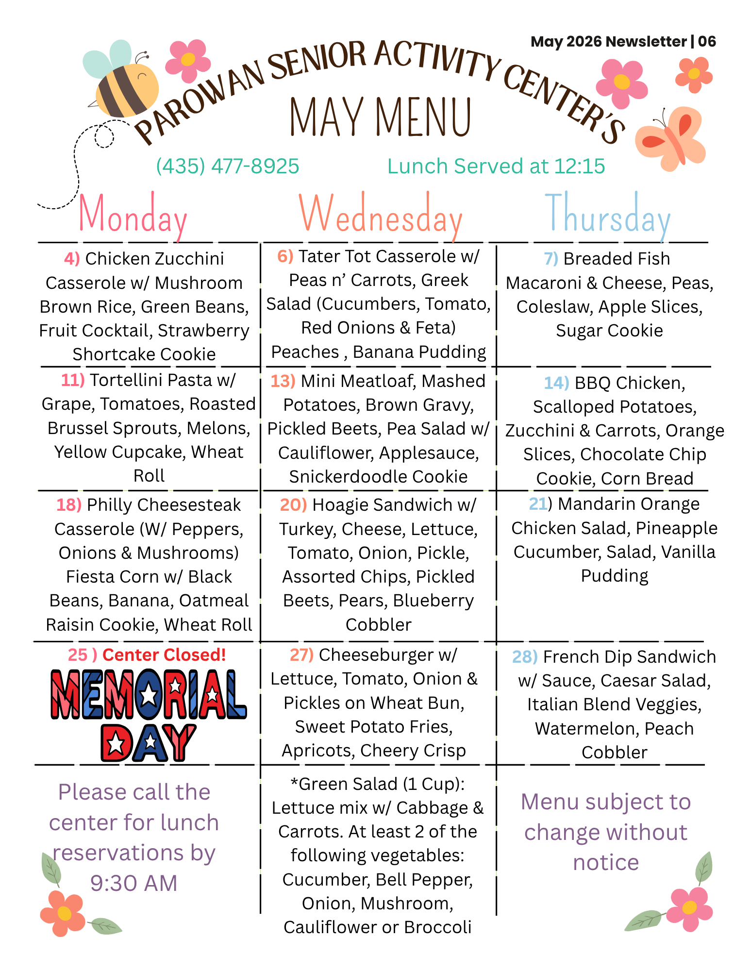 Parowan Senior Center menu