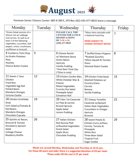 Parowan Senior Center menu
