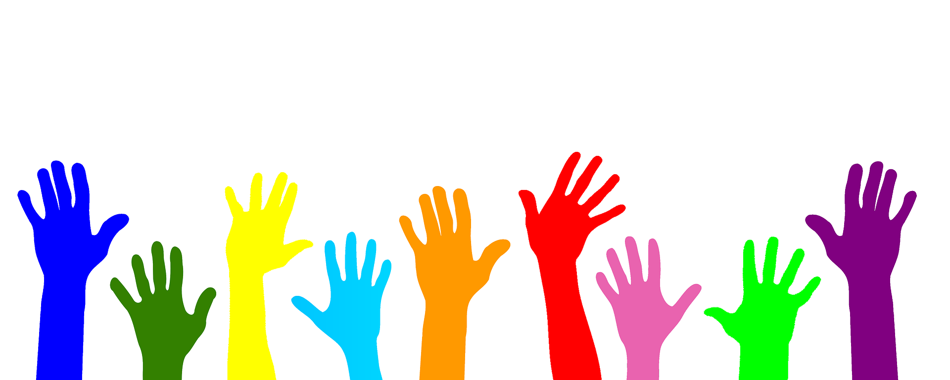 Multicolored hands raising up in the air