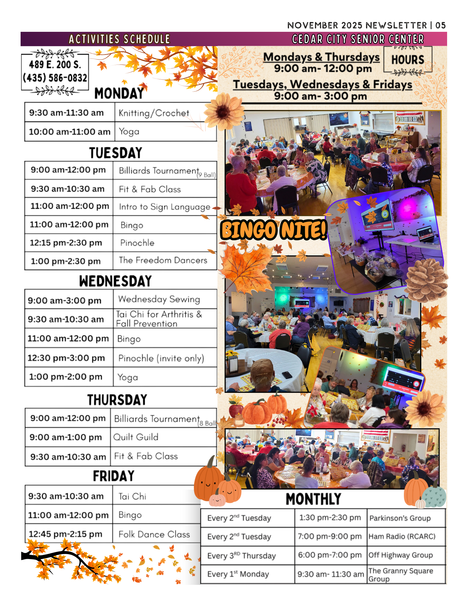 Cedar Senior Center activity schedule