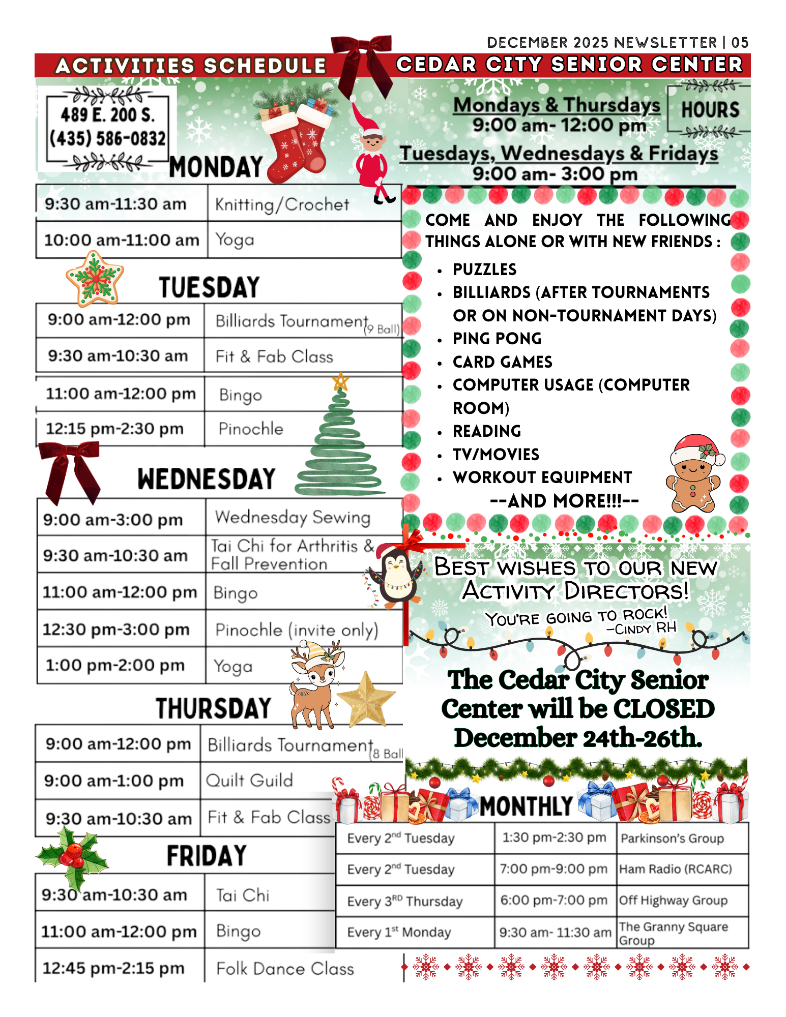 Cedar Senior Center activity schedule
