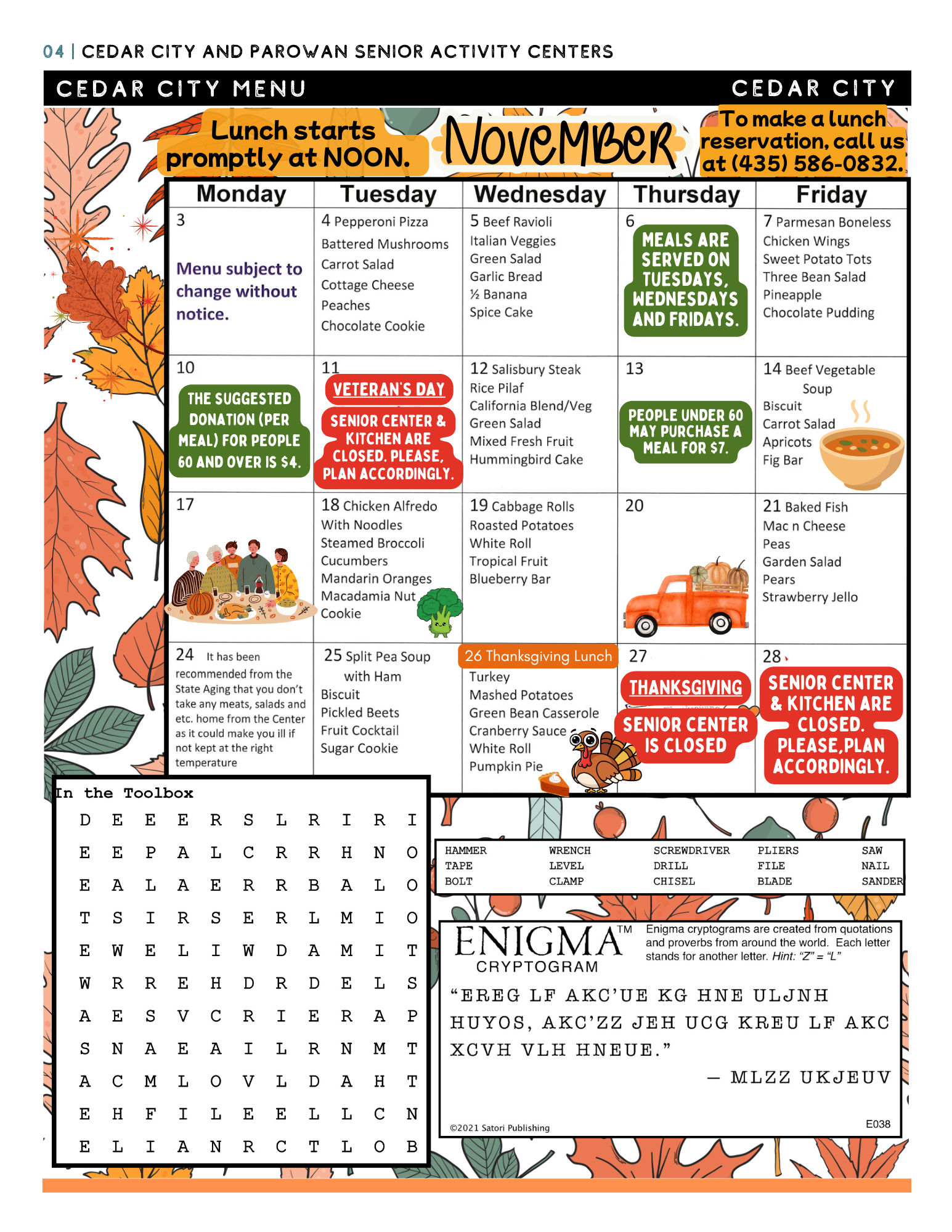 Cedar Senior Center weekly menu