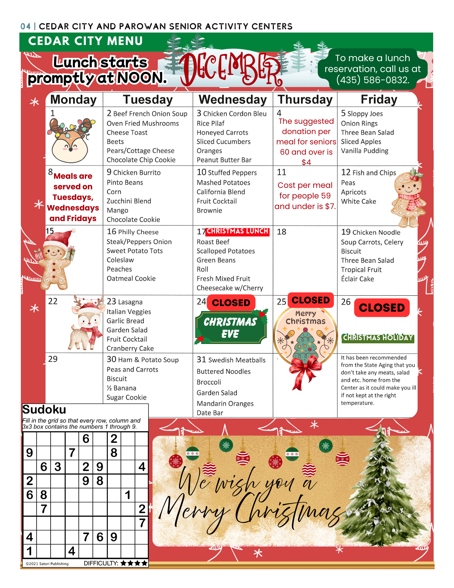 Cedar Senior Center weekly menu